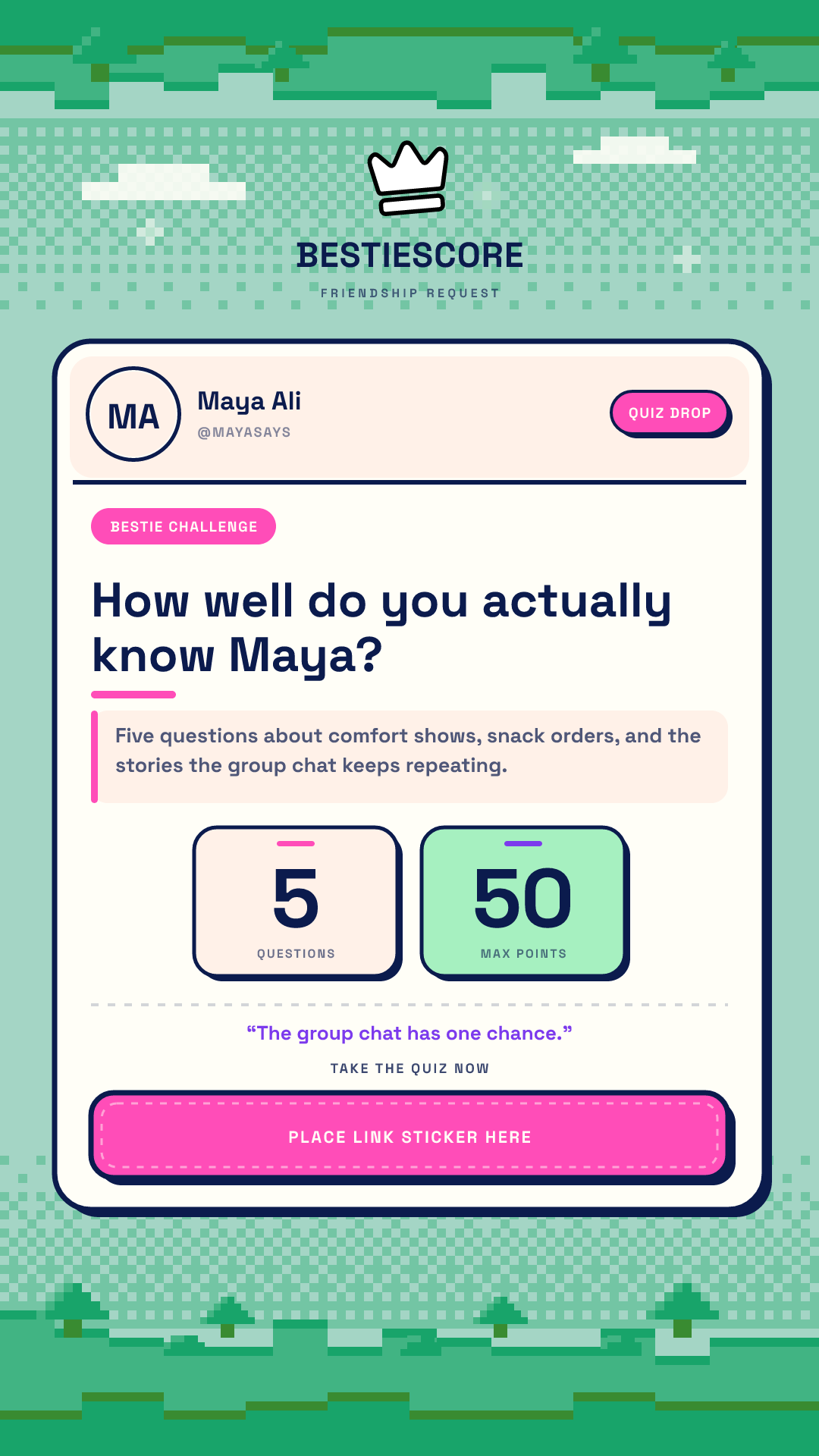 BestieScore quiz invitation Story preview